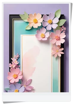 Cherry blossom frame on pastel background with space for text. Sakura.Paper art of Cherry blossom with frame on pastel background.Paper cut style.Spring background with sakura flowers and leaves. Vector paper illustration.3d rendering.Spring flowers frame with copy space for your text. Pastel colors.Minimal style.İnvitation and celebrations.