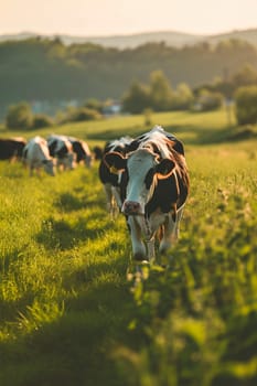 Cows graze in the meadow. Selective focus. Nature.