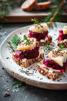 Bruschetta with beets and cheese. Selective focus. Food.