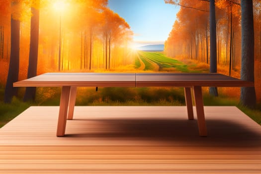 Empty wooden table in nature outdoor for free space for product, natural template with beauty bokeh and sunlight, beautiful autumn concept with nature outdoor