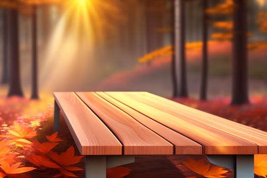 Empty wooden table in nature outdoor for free space for product, natural template with beauty bokeh and sunlight, beautiful autumn concept with nature outdoor