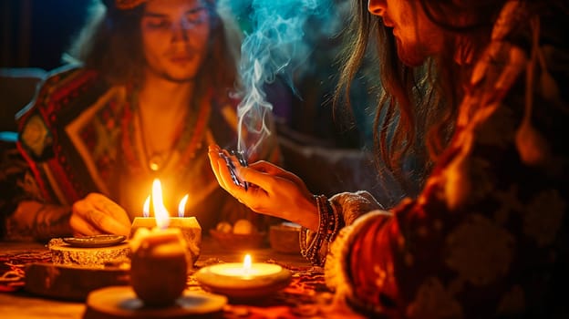 Fortune teller tells fortunes with candles and smoke. Selective focus. People.