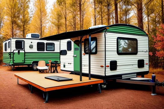 The trailer of the mobile home is camping in the fall, the concept of a family trip around the native country in a camper van or camper van and camping life