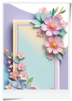 Cherry blossom frame on pastel background with space for text. Sakura.Paper art of Cherry blossom with frame on pastel background.Paper cut style.Spring background with sakura flowers and leaves. Vector paper illustration.3d rendering.Spring flowers frame with copy space for your text. Pastel colors.Minimal style.İnvitation and celebrations.