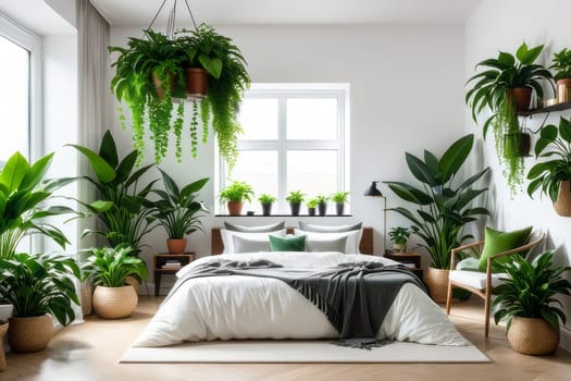 Home garden, bedroom in white and wooden tones. Close-up, bed, parquet floor and many houseplants. Urban jungle interior design. Biophilia concept