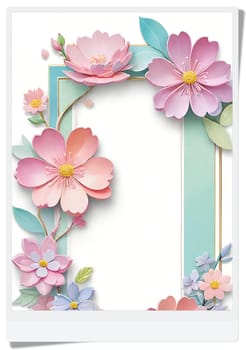 Cherry blossom frame on pastel background with space for text. Sakura.Paper art of Cherry blossom with frame on pastel background.Paper cut style.Spring background with sakura flowers and leaves. Vector paper illustration.3d rendering.Spring flowers frame with copy space for your text. Pastel colors.Minimal style.İnvitation and celebrations.