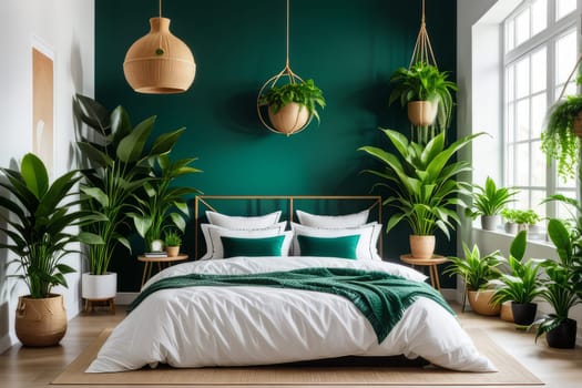 Home garden, bedroom in white and wooden tones. Close-up, bed, parquet floor and many houseplants. Urban jungle interior design. Biophilia concept