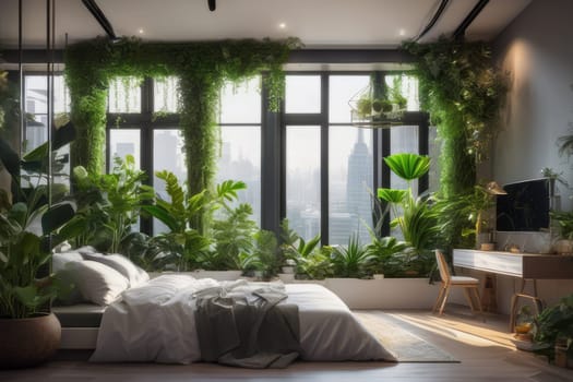 Home garden, bedroom in white and wooden tones. Close-up, bed, parquet floor and many houseplants. Urban jungle interior design. Biophilia concept