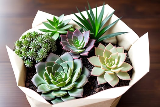 A large set of succulents in an eco-paper bag. Eco-friendly reusable eco-bag and succulents. Shop of indoor plants