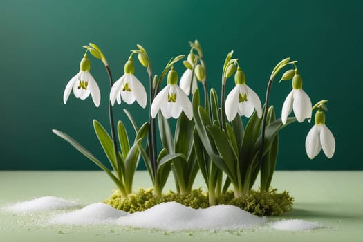 Blooming snowdrops on a green background. White spring flowers