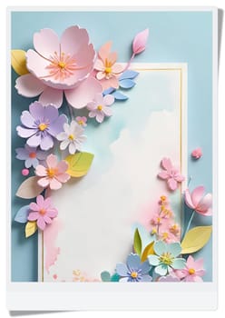 Cherry blossom frame on pastel background with space for text. Sakura.Paper art of Cherry blossom with frame on pastel background.Paper cut style.Spring background with sakura flowers and leaves. Vector paper illustration.3d rendering.Spring flowers frame with copy space for your text. Pastel colors.Minimal style.İnvitation and celebrations.