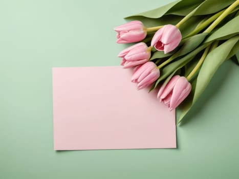 Beautiful pink tulips in craft paper on green pastel background with copy space, spring time, mother's day