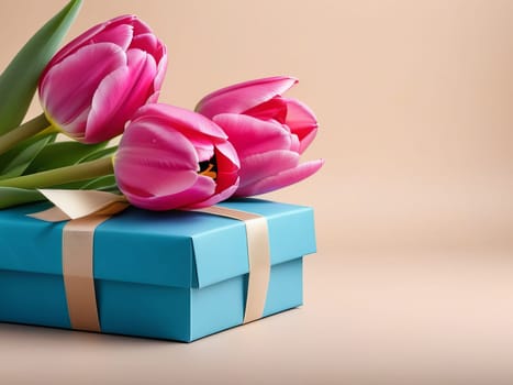 A bouquet of pink tulips next to a blue gift box on a beige background, an empty space for the text on the right.