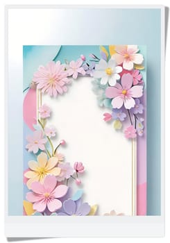 Cherry blossom frame on pastel background with space for text. Sakura.Paper art of Cherry blossom with frame on pastel background.Paper cut style.Spring background with sakura flowers and leaves. Vector paper illustration.3d rendering.Spring flowers frame with copy space for your text. Pastel colors.Minimal style.İnvitation and celebrations.