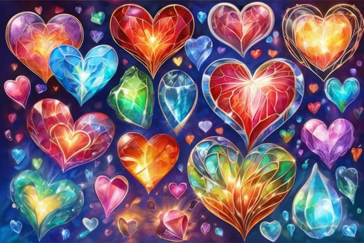 Paining different colorful hearts set. Hand drawn. Generative AI.