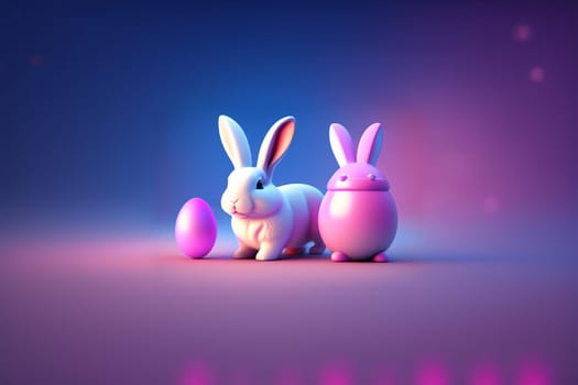 Easter bunny with Easter eggs in neon pink and blue light in 3d style. Happy Easter Concept. AI generative.