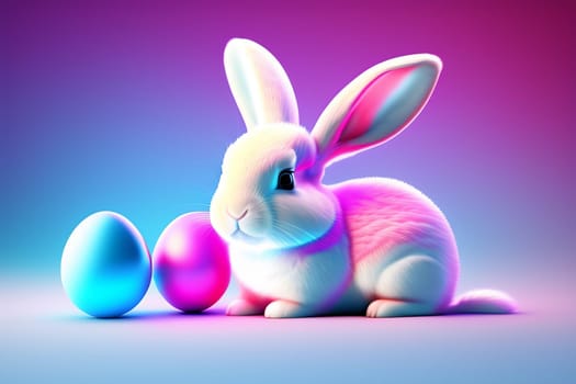 Easter bunny with Easter eggs in neon pink and blue light in 3d style. Happy Easter Concept. AI generative.