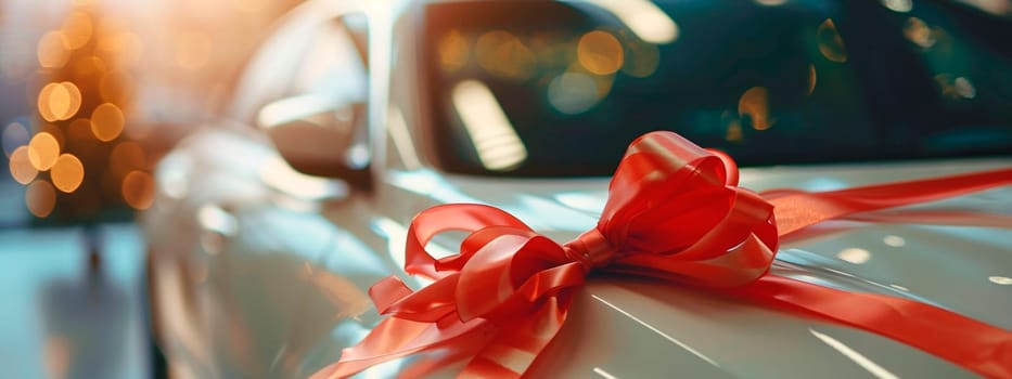 red car with a bow gift. Selective focus. happy.