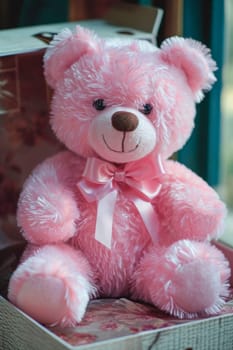 Pink bear gift for the holiday. Selective focus. Happy.