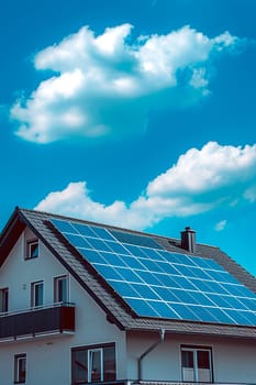 The roof of the house is covered with solar panels. Selective focus. Nature.