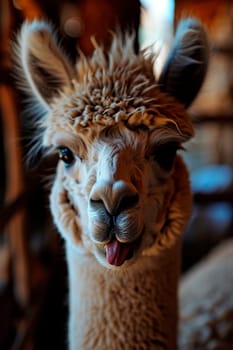 Portrait of an alpaca on a farm. Selective focus. Nature.