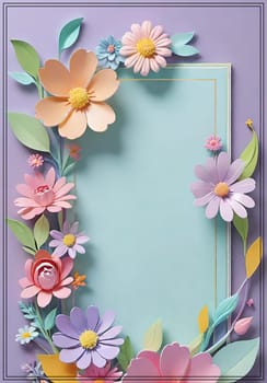 Cherry blossom frame on pastel background with space for text. Sakura.Paper art of Cherry blossom with frame on pastel background.Paper cut style.Spring background with sakura flowers and leaves. Vector paper illustration.3d rendering.Spring flowers frame with copy space for your text. Pastel colors.Minimal style.İnvitation and celebrations.