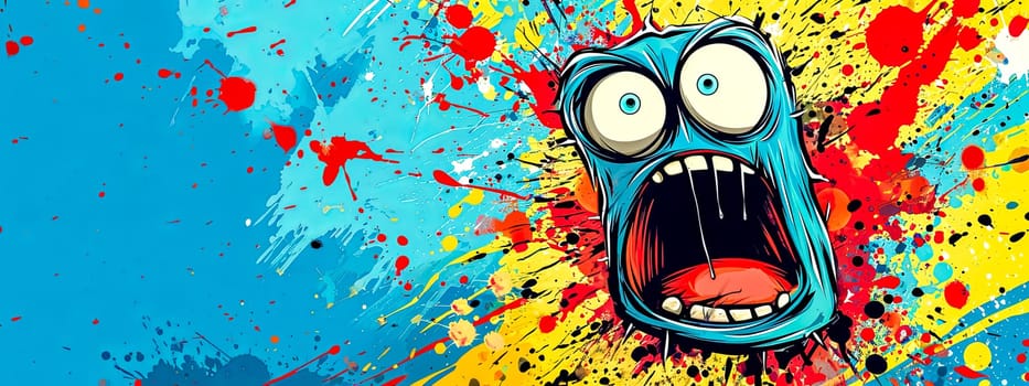 A quirky, shocked cartoon face with wide eyes and an open mouth, set against an explosive backdrop of bright paint splatters. copy space