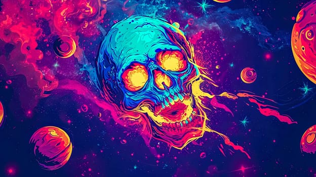 psychedelic depiction of a human skull in space, surrounded by swirling neon colors and fantastical planets, creating a surreal cosmic scene