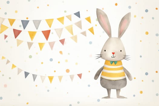 Happy Bunny Greeting Card: Cute Cartoon Rabbit Illustration with Funny Ears, Celebrate Easter on White Background