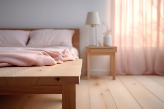 Cozy Modern Bedroom with White Bedding and Wooden Furniture, Pillow, and Lamp on Bedside Table, Interior Design Concept with Comfortable Blanket and Bright Pastel Background