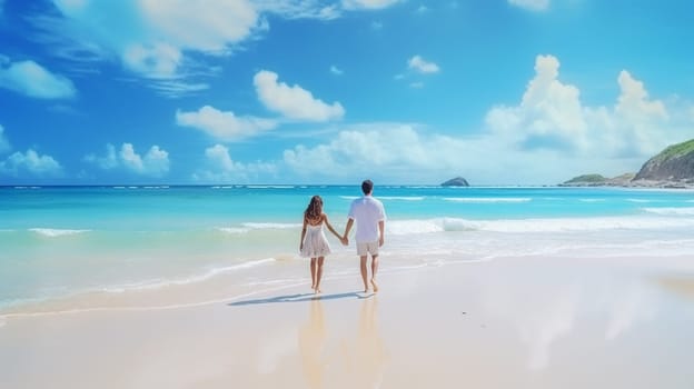 Lovers walk along the seashore. selective focus. people Generative AI,