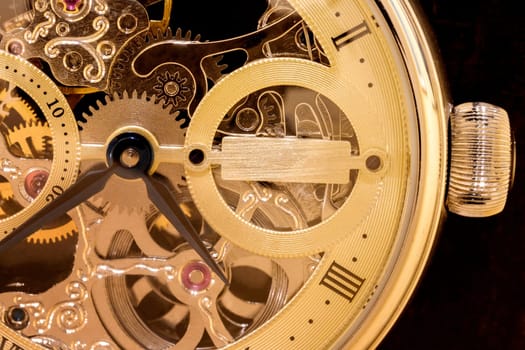 Macro shot of clockwork gears inside the watch
