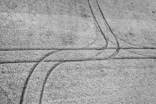 Abstract aerial view of traces on the field. Black and white