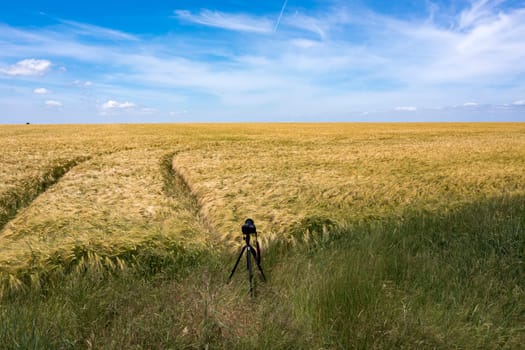 A camera on a tripod shooting landscape