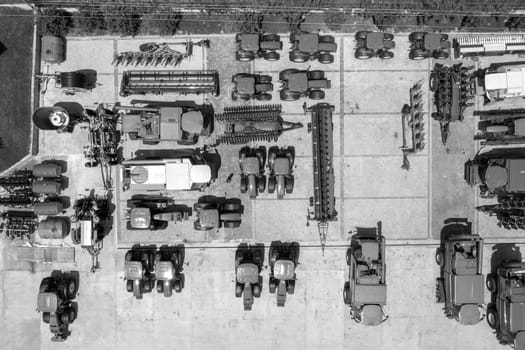 Aerial view of many different types of equipment for agriculture