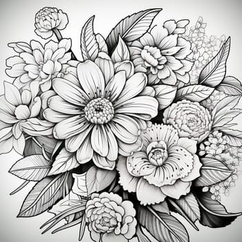 White and Black Floral Nature Art: A Delicate Bouquet of Hand-Drawn Flowers, a Coloring Book Page