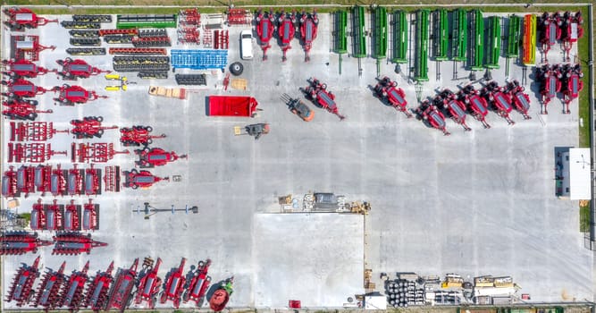 Aerial view of many different types of equipment for agriculture