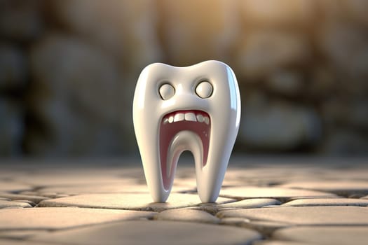 3D tooth with an image of fear on the face. Fear of dentists concept. Cartoon illustration.