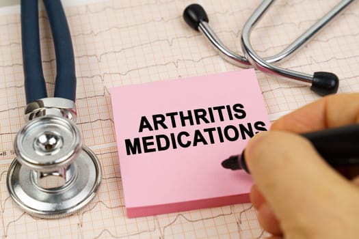 Medical concept. On the cardiograms there is a stethoscope and a sticker with the inscription - Arthritis medications