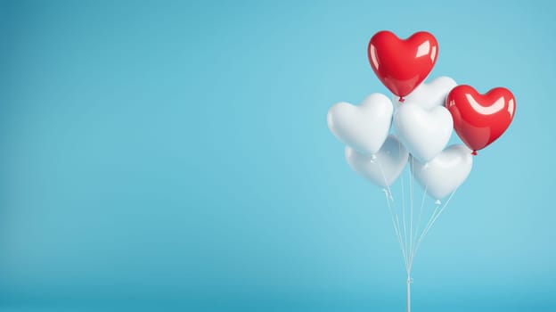 Heart shaped balloons on a blue background. selective focus. Holidays Generative AI,