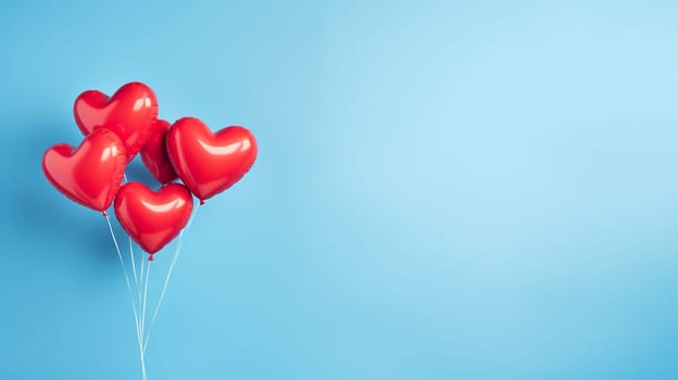 Heart shaped balloons on a blue background. selective focus. Holidays Generative AI,