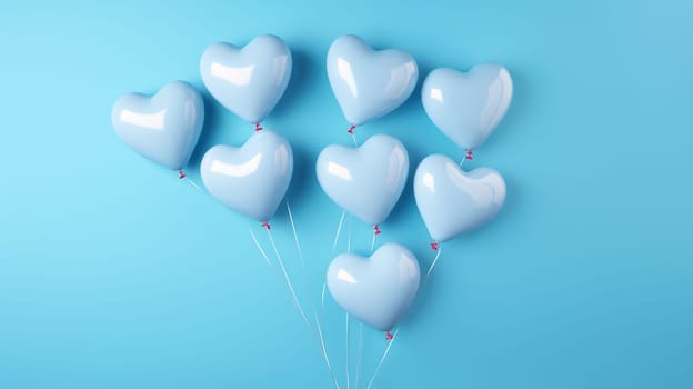 Heart shaped balloons on a blue background. selective focus. Holidays Generative AI,