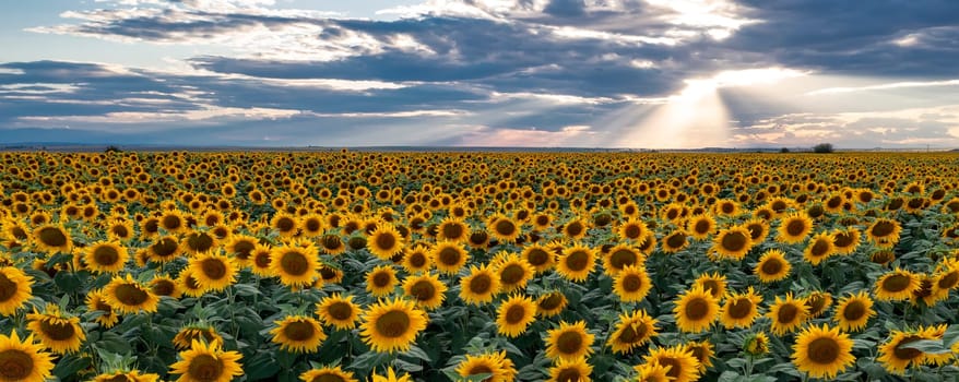 Panoramic view of field with sunflower flowers against the sunset sky.