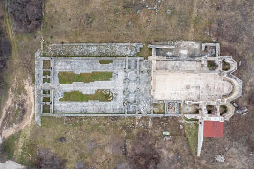 Aerial top view of The Great Basilica, Pliska, Bulgaria. Largest Christian cathedral in medieval Europe. The first Bulgarian capital.