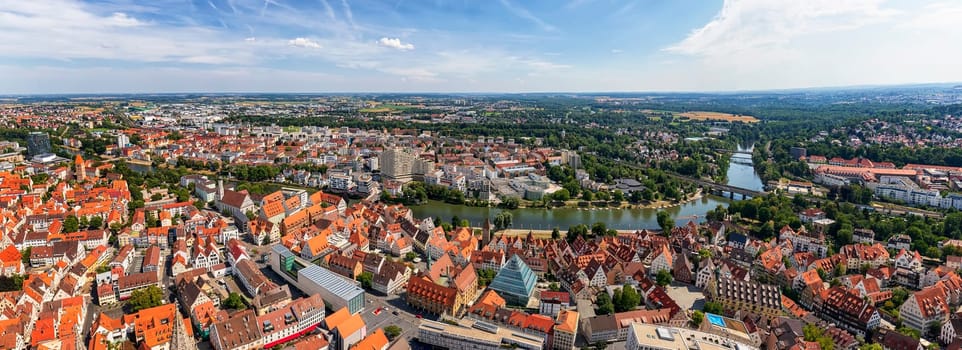 Amazing panoramic view of the city Ulm and river Danube, Germany.
