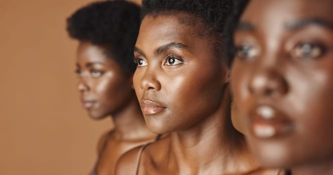 Skincare, beauty or black women models with glowing skin or afro isolated on brown background. Facial dermatology, diversity or face cosmetics for makeup in studio with girl friends or African people.