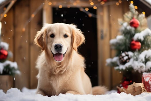 Christmas themed A friendly dog sitting next to a house. Generative AI.