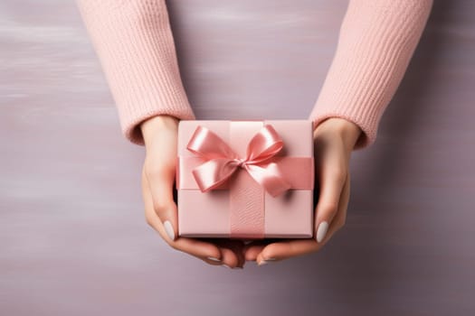 Hands holding gift box, preparing surprise for holiday, top view. Generative AI.