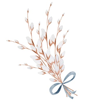 Watercolor Easter bouquet of willow branches on an isolated white background. Decorative elegant elements for design of cards, banners and invitations. Hand drawing. Bouquet of spring blooming flowers with a blue ribbon. High quality illustration