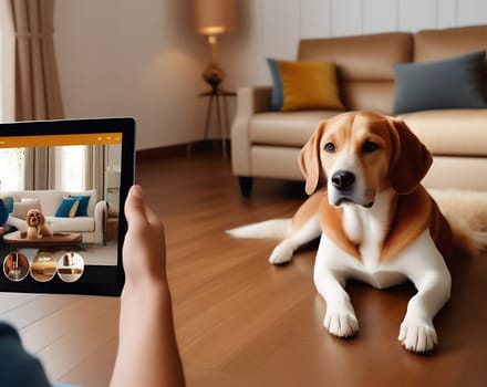 A person communicates on a tablet with a veterinarian consultant, his dog lies next to him, home life with a pet.